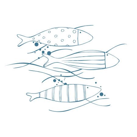Linear shoal with fish slim waves and dotted spray, minimal and elegant marine contour. Hand-drawn ink line art illustration. Decorative composition for packaging badges, tags and banners.のイラスト素材