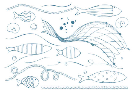 Assorted marine elements fish, ropes, nets, waves and bubbles in unified ink palette for flexible composing. Hand-drawn ink line art illustration. Clip art set for logos, cards, stickers and DIY.のイラスト素材