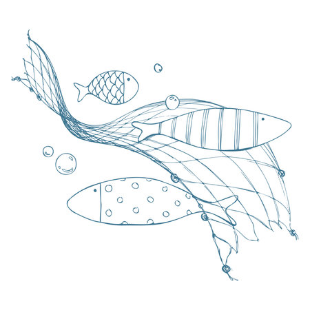 A graceful group of fish with bubbles flowing over a fine fishing net, airy and fluid. Hand-drawn ink illustration. Decorative composition for posters, invitations and editorial materials.のイラスト素材