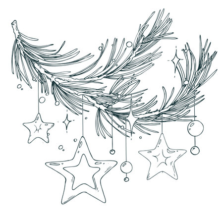 This image shows a fir branch with delicate star and bead ornaments and a magical glow. This intricate monochrome line art is suited for scrapbooking and digital greeting cards.のイラスト素材