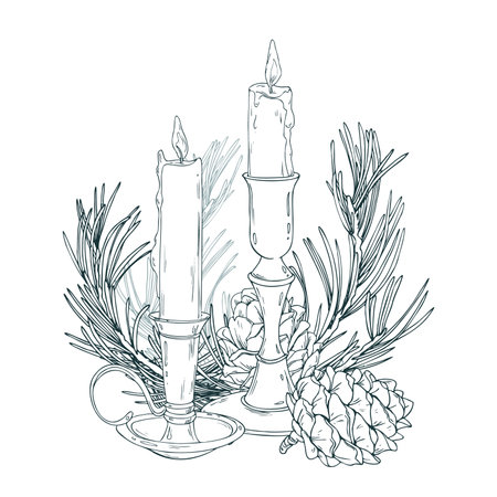 A festive composition of two burning candles in holders with a pinecone and spruce branches. This black and white illustration is ideal for digital projects and holiday promotions.のイラスト素材