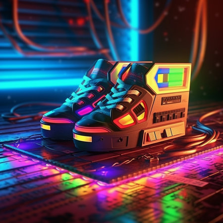 dj mixer and headphones, tape recorder backlit sneakers, generative aiの素材