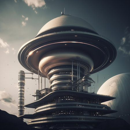 futuristic building in the form of the planet saturn, generative aiの素材