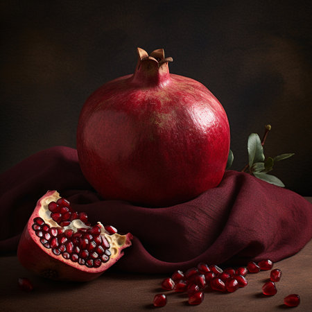 pomegranate on a wooden background, cut pomegranate on burgundy fabric, generative aiの素材