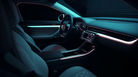 interior of a car, car interior in a luxurious gray color with neon lights, generative aiの素材