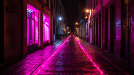 night street in the city, neon light street lane in viva magenta color, generative aiの素材