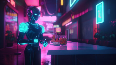 a robot waiter stands on a neon street near a cafe, generative aiの素材