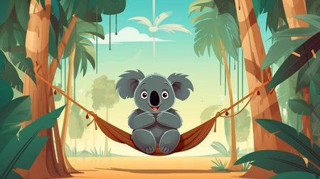 cute koala sits on a hammock in nature, vector, generative aiの素材