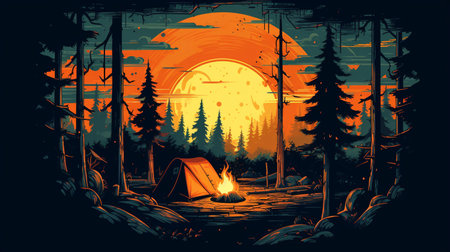big moon like cheese, camping in the forest at night, vector, generative aiの素材