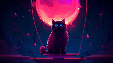 cat in the night, black cat sits on a swing in neon lightの素材