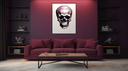 contemporary living room in burgundy color with a picture of a skull hanging on the wall, generative aiの素材