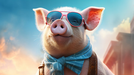 fashionable colored pig in sunglasses relaxing, generative aiの素材