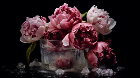 bouquet of pink roses in vase, burgundy peonies frozen in ice, generative aiの素材