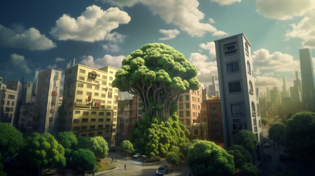 Fantasy landscape with big tree in the city. 3d renderingの素材