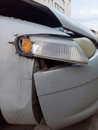 Close-up of a broken headlight on a gray car.の写真素材