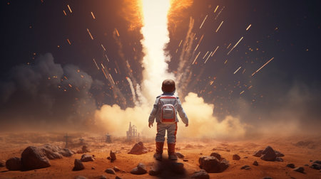 Exploring outer space. child watching rocket launchの素材