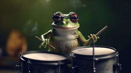 Green frog with a drum stick and a drum set on a dark backgroundの素材