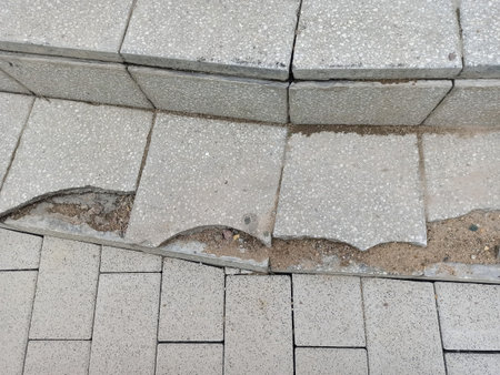 Broken paving slabs on the street, closeup of photoの写真素材