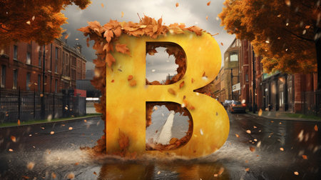 Digital composite of 3D B letter with autumn leaves in the cityの素材