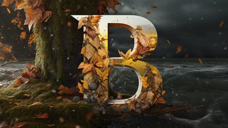 3d illustration of letter B in the forest with falling autumn leavesの素材