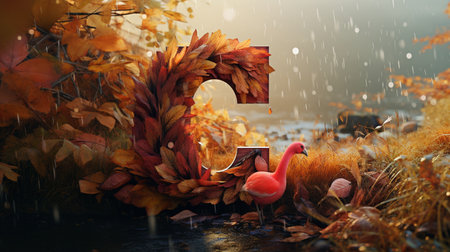 3d render of autumnal font with flamingo and leaves.の素材