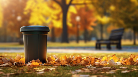 mockup of a trash can in an autumn park. 3d rendering.の素材