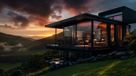 3d rendering of modern cozy chalet with pool and parking for sale or rent. Beautiful forest mountains in background. Clear summer night with bright sunlight.の素材