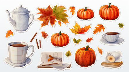 stickers on a white sheet close up: autumn, leaves, pumpkin, candle, cup of teaの素材