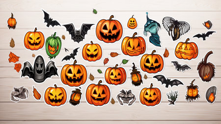 stickers on a white sheet of paper close-up: autumn, mystical web, spiders, bats, pumpkin, candle, skullsの素材