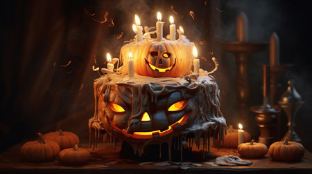 Halloween pumpkin cake with candles on dark background. 3d renderingの素材