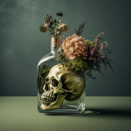 Still life with human skull and flowers in glass bottle on green backgroundの素材