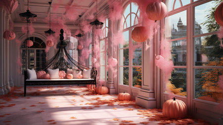 3D rendering of a Halloween background with pumpkins in the foreground.の素材