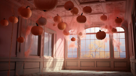 Halloween background with pumpkins in the room. 3d renderの素材
