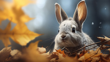 Cute little rabbit on autumn leaves background. Happy easter.の素材