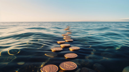Pile of coins in the sea at sunset. Concept of financial successの素材