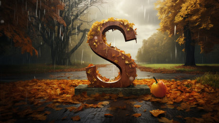 3d rendering of a three-dimensional letter S in the autumn forestの素材