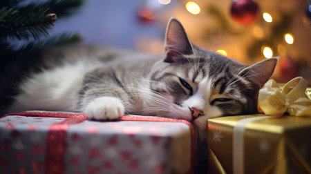 Cute cat sleeping near christmas tree with gift boxes at homeの素材