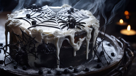 Cake with white frosting and black spiders on a dark backgroundの素材