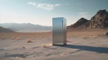 3d rendering of an open door in the desert with mountains in the backgroundの素材