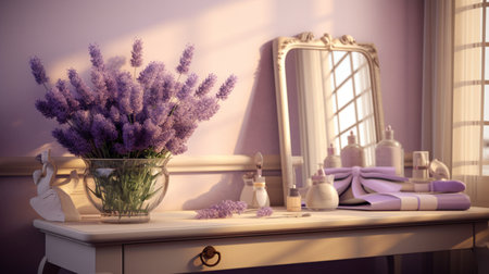 Bouquet of lavender flowers on the dressing table. 3d renderingの素材