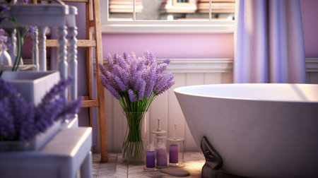 Bathroom interior with bathtub and lavender flowers. 3d renderの素材