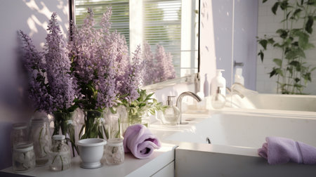 Lilac flowers in the bathroom. Bathroom interior with sink and mirrorの素材