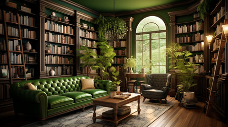 3D rendering of a green vintage library interior with bookshelves, green leather armchairs and a bookcase.の素材