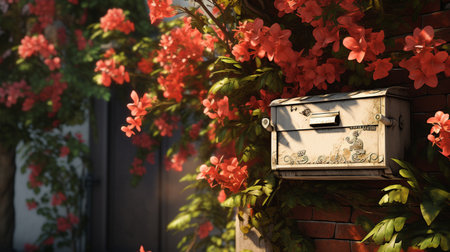 Vintage mailbox with red flowers in the garden on the brick wallの素材