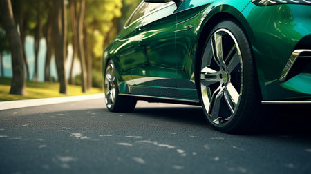 Green sports car on the road. 3D rendering. toned imageの素材