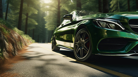 Green sports car on the road in the forest. 3d renderingの素材
