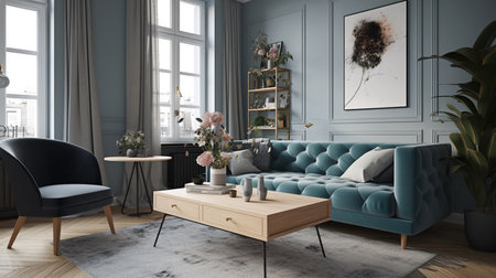 Living room interior design with blue sofa, coffee table, bookshelf and plant. 3d render.の素材