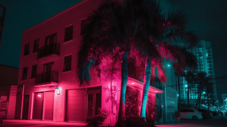 Palms on the streets of Miami at night.の素材