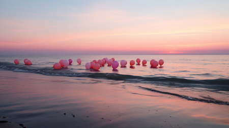 Pink heart shaped balloons on the beach at sunrise. Love concept.の素材