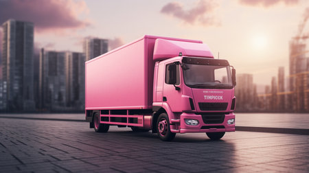 Truck on the road at sunset. 3d render image.の素材